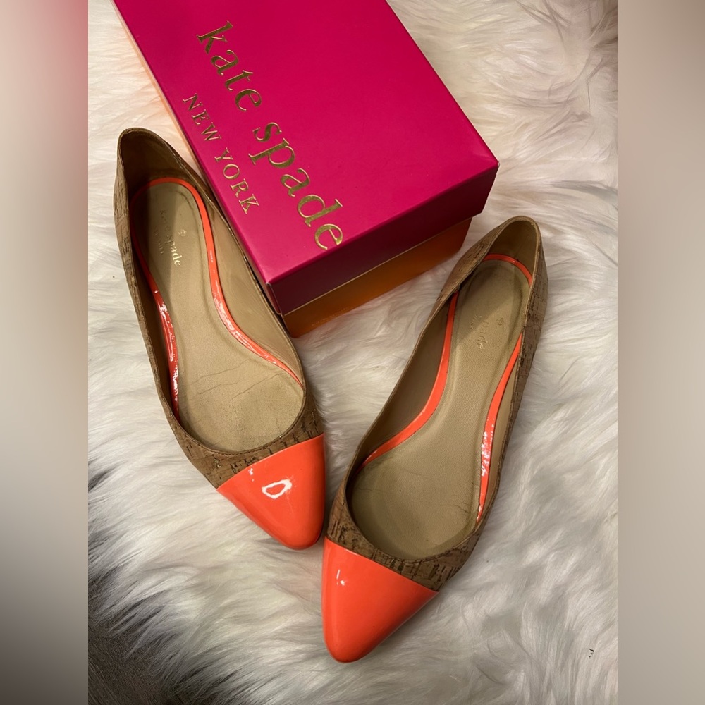 Kate Spade New York Elina Ballet Gold Cork & Orange Patent Leather Flats Size 8